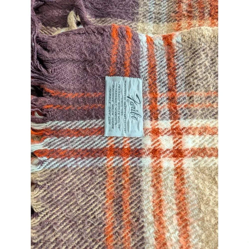 Faribo Plaid Tartan Throw‎ Blanket Fringe Brown Acrylic Made in USA Vintage